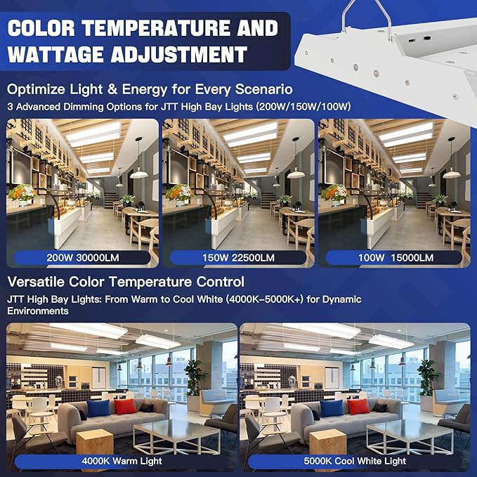 JTT 200/150/100W LED Linear Shop Lights,2FT 30000LM 360° Adjustable Led High Bay Lights 4/5000K Daylight 120-277V,Led Garage Light for Shop Workshop Commercial Supermarket Warehouse Basement,4-Pack