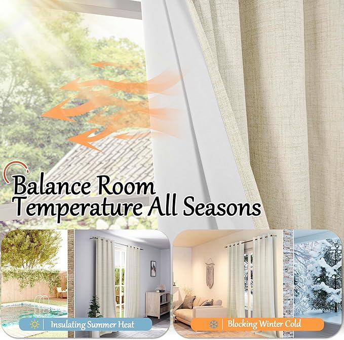 Blackout Living Room Curtains 72 Inch Long 2 Panels, Textured Linen Black-Out Curtains for Bedroom Light Blocking, Bronze Grommet Thermal Insulated Window Drapery, Each 52" Wide, Natural