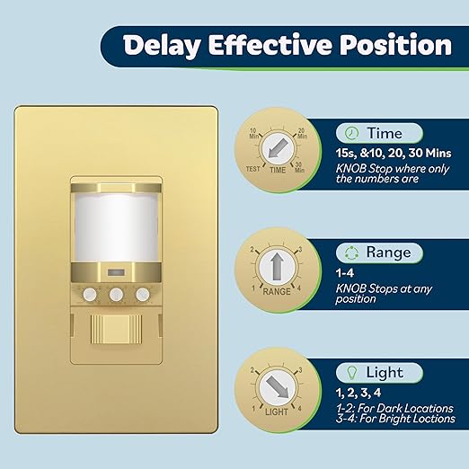 TOPGREENER Occupancy/Vacancy PIR Motion Sensor Light Switch, CDS Sensor with Learning Function, No Neutral Required, 200W Incandescent / 150W LED Load, UL Listed, Screwless Wall Plate, Gold