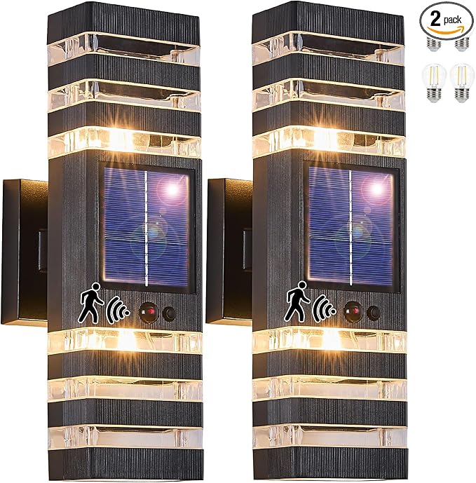 2 Pack Solar Outdoor Wall Lights with Motion Sensor 3-Mode Motion Outdoor Sconces 3000K 500LM Dusk to Dawn Solar Porch Light Fixtures Modern Up Down Exterior Wall Lamp for House Garage Front Door