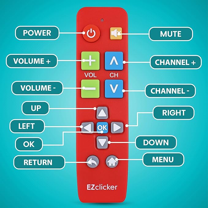 EZclicker Plus Big Button Universal TV Remote (Red) Simple Easy to Use, Works with Major TV Brands (2xAAA Batteries Not Included)