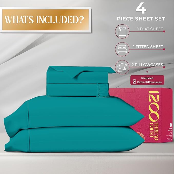 Mayfair Linen 100% Egyptian Cotton Sheets King Size - Luxury 1200 High Thread Count Egyptian Cotton King Size Sheets Set (4 PC, Teal), Silky Soft, Cooling, 17" Deep Pocket Sateen Weave Hotel Bedding