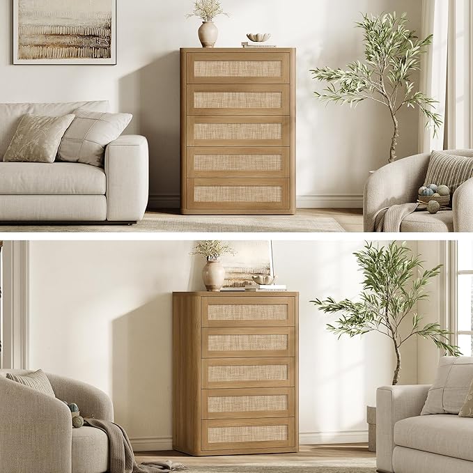 SICOTAS Tall Dresser for Bedroom - Rattan 5 Drawer Dressers Chest of Drawers with Push-to-Open Design, Modern Extra Deep Clothes Dresser with Large Storage for Closet, Living Room, Amber Oak, 3PCS