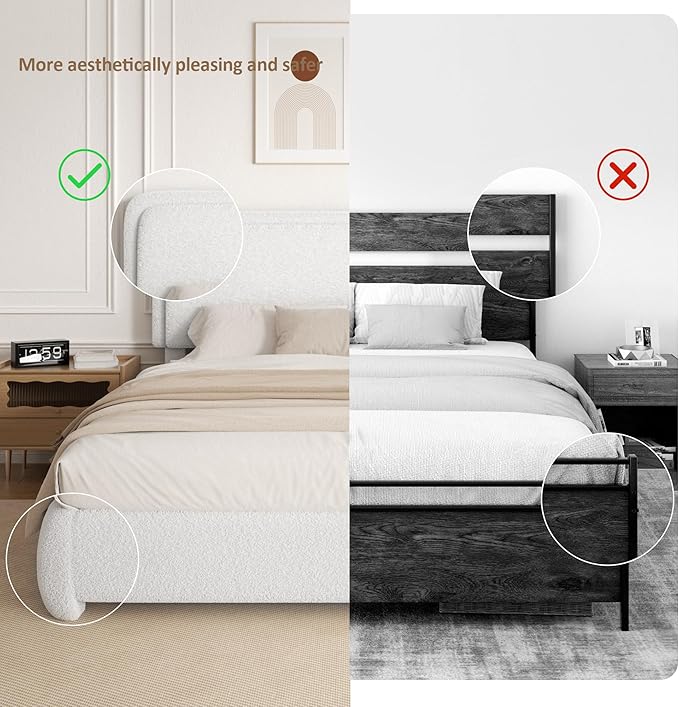 King Size Boucle Bed Frame, Upholstered Cloud Platform Bed Frame with Headboard, Anti-Collision Soft Rounded Corners, No Box Spring Required, Easy Assembly, Noise Free, Adjustable Headboard