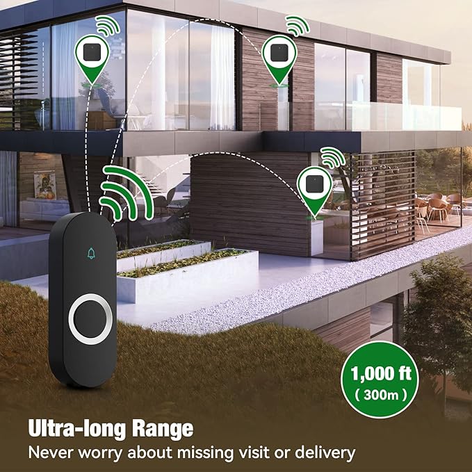 AIDA Lighted Wireless Doorbell for Home, Waterproof Battery Doorbell Wireless 1,000ft Range, 5 Volume Levels with 58 Chimes & LED Flash on Receiver (Black, 1 transmitter & 2 Receiver)
