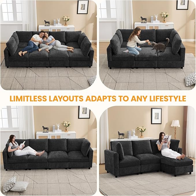 116'' Modular Sectional Cloud Sofa Bed, 8-Seater Convertible Sofa Couch with Ottoman, Modern Deep Seat Sleeper Sofa for Living Room, Chenille Dark Grey