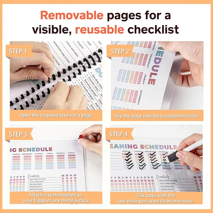 ADHD Cleaning Planner – Reusable Dry-Erase Sleeve Fridge Kit, Removable Coil Pages, Emergency & After-Party Plans, Cleaning Schedule and Checklist, ADHD Planner for Adults Women