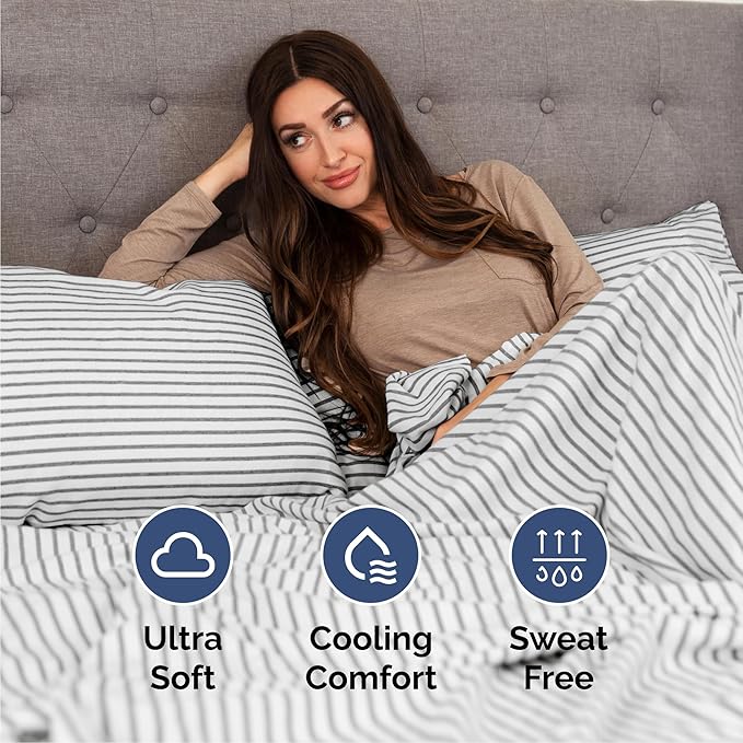 Cal King 6 Piece Sheet Set - Cooling & Breathable - Hotel Luxury Bedding, Includes Fitted Sheet for Women, Men, Kids & Teens - 1 Flat, 1 Fitted Sheet, 4 Pillowcases with Deep Pockets - Grey Stripes