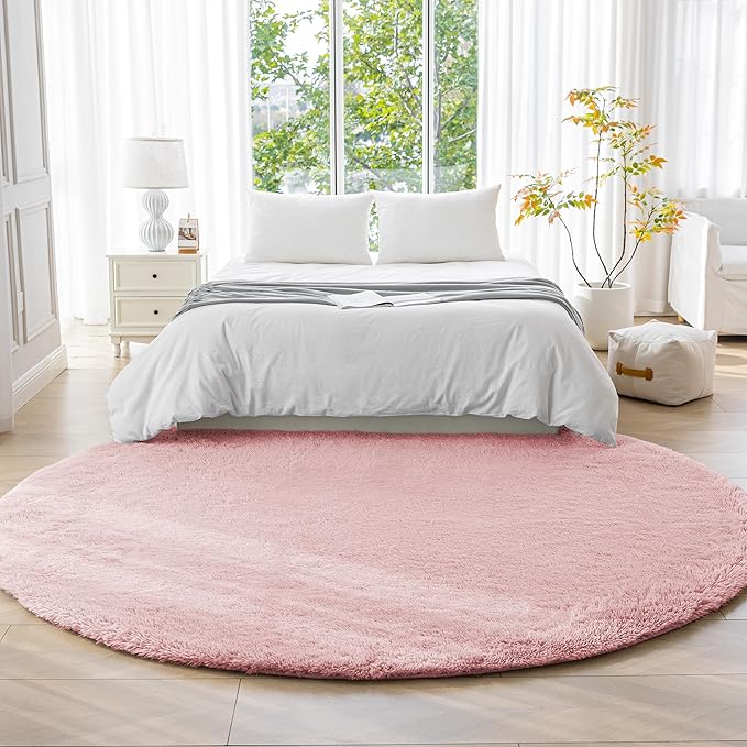 Amazon Basics Fluffy Washable Round Area Rug, Circle Shaggy Carpet for Living Room, Bedroom, Nursery, 4'R, Pink