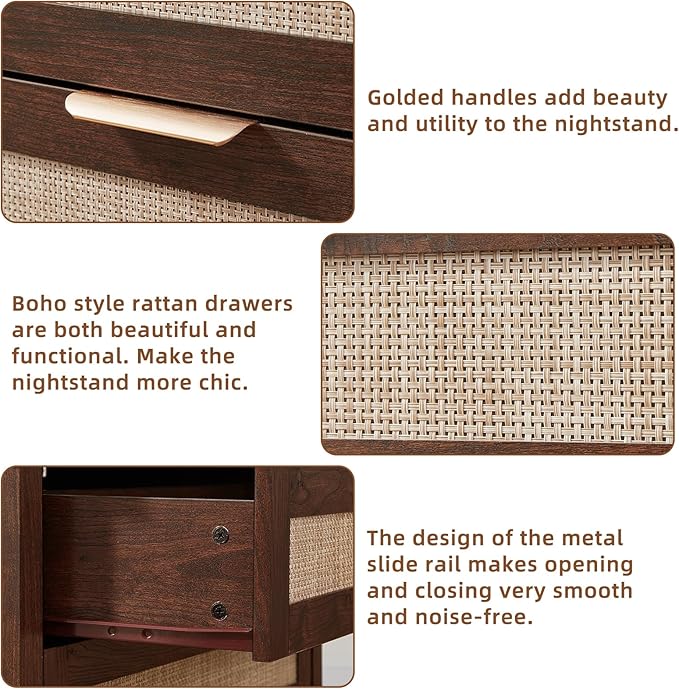 LEYAOYAO 31.5" Wide Rattan Night Stand with Charger Station, Oversized Large Walnut Nightstand with 2 Drawer, Boho Bed Side End Tables with Storage, Tall Bedside Table for Bedroom Living Room, Hallway