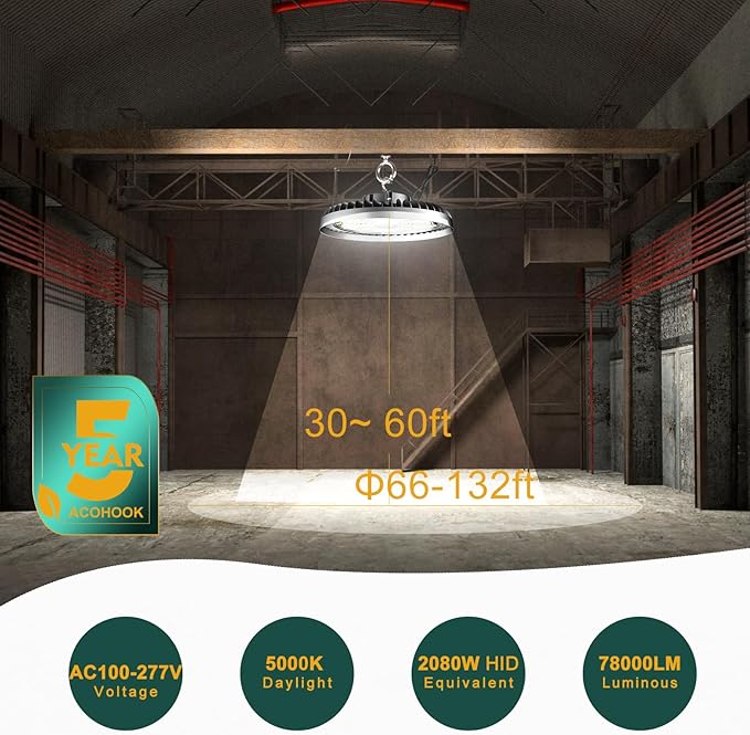 ACOHOOK 500W LED High Bay Light AC100-277V High Bay LED Light 5000K 75000LM UFO LED Lights with US Plug Suit for 30-60FT Height-𝟓𝐘𝐫𝐬 𝐖𝐚𝐫𝐫𝐚𝐧𝐭𝐲-3Pack