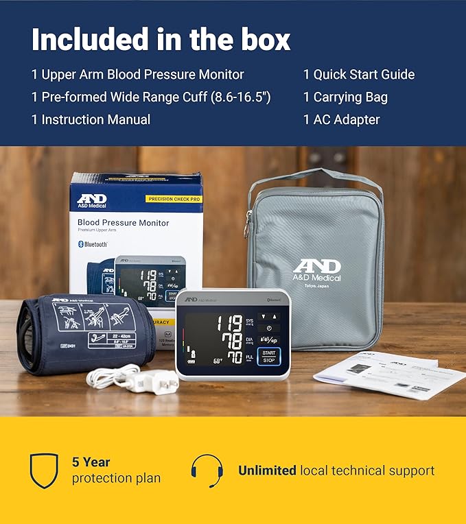 A&D Medical Precision Check Pro Blood Pressure Monitor for Home Use with Bluetooth UA-910BLE - Wide Range Cuff (8.6-16.5" / 22-42cm), 4 Users, iOS & Android Compatible, AC Adapter & Carrying Case