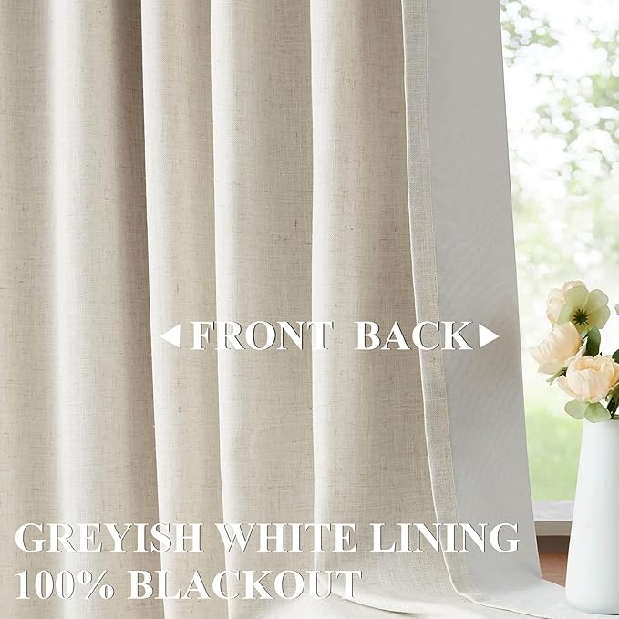 Vision Home Natural Linen Full Blackout Curtains 90 inch Long for Bedroom Living Room Darkening Soundproof Window Panels Energy Efficient Rod Pocket Back Tab Neutral Drapes 56" Wx90 Lx2