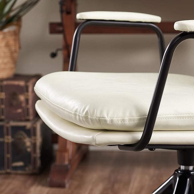 Art Leon Mid Century Modern Chair, Oak Legs Swivel Accent Chair No Wheels, Faux Leather Armchair for Small Spaces Home Office Living Room Bedroom, Off White