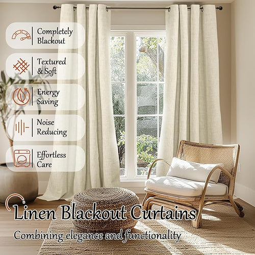 60 Inch Wide Linen Blackout Curtains for Living Room/Bedroom 84 Inch Length 2 Panels, Total Black Out Thermal Insulated Soundproof Grommet Boho Window Drapes White Liner for Modern Farmhouse, Cream