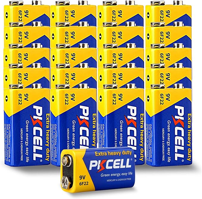 PKCELL 9V Batteries, 100 Pack 9 Volt Batteries Carbon Zinc, 9V Battery for Smoke Detector, Alarms, 6F22 Square Battery