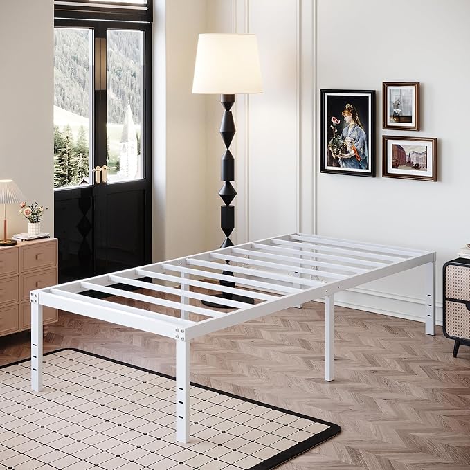 18 Inch White Twin Bed Frame Heavy Duty No Box Spring Needed Metal Platform with Maximum Storage, Easy Assembly, Noise Free