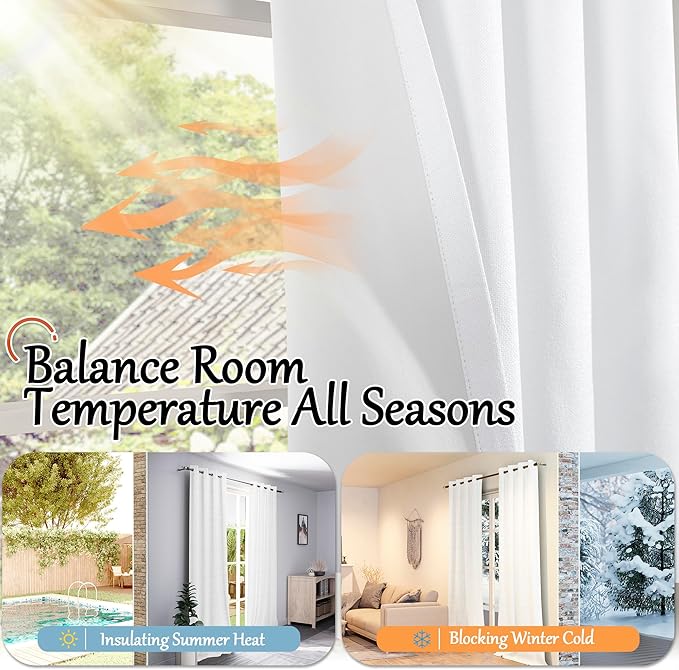 Blackout Curtains for Living Room 95 Inch Length 2 Panels Set, Thermal Insulated 100% Black Out Privacy Soundproof Grommet Farmhouse Linen Window Curtains for Bedroom Darkening, White, Each 52”Wide
