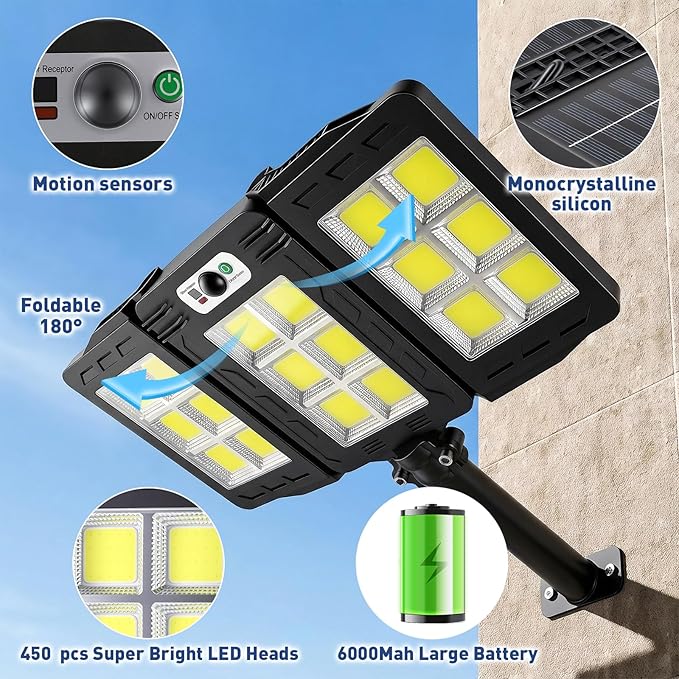 JWT Solar Street Lights Outdoor Waterproof - Solar Powered Parking Lot Light Dusk to Dawn 7000LM, 3-Head Folding Motion Sensor Commercial LED Solar Flood Lights Waterproof Remote Control for Outside