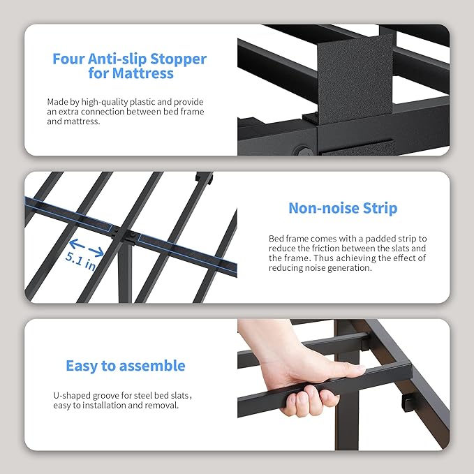 ROIL 18 Inch Full Size Bed Frame with Rounded Corner and Headboard Hole Mattress Retainers 3500LBS Metal Heavy Duty Steel Slats No Box Spring Needed Platform Noise-Free Easy Assembly