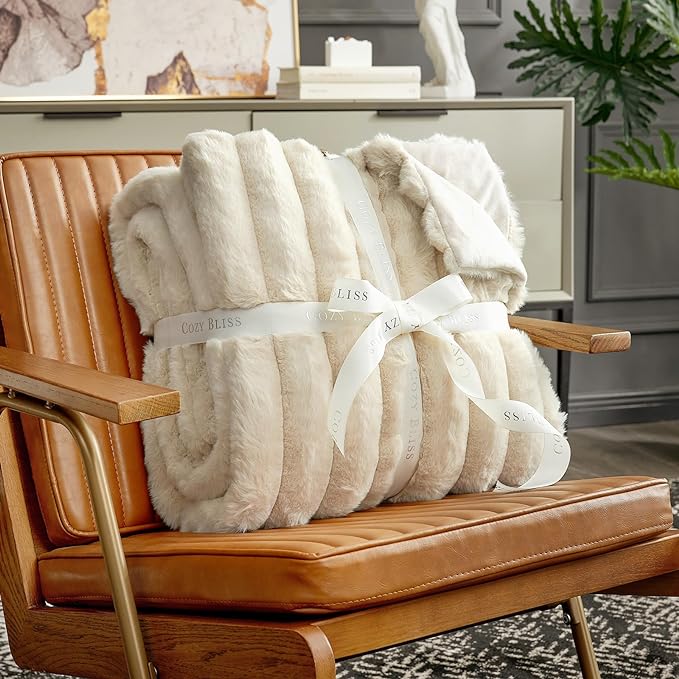 Cozy Bliss Faux Fur Throw Blanket for Couch, Cozy Warm Plush Striped Blanket for Sofa Bedroom Living Room, 50 * 60 Inches Beige