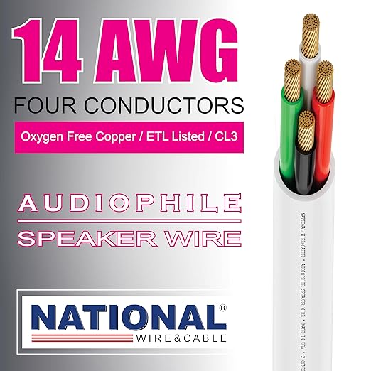 NATIONAL Wire&Cable - 14/4 Audiophile Speaker Wire (25 Feet) 14AWG Gauge - Made in USA - in Wall Audio Speaker Wire Cable/CL Rated/ETL Listed / 2 Conductors - OFC Oxygen-Free Copper, White 25ft