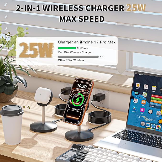 Magnetic Wireless Charging Station,25W Fast Charger 6FT Mag safe Wireless Station Pad,[Qi2.2 Certified] 360° Charger Stand for iPhone 17/17 Pro/Air/17 Pro Max/16 Pro Max/15/14/13/12, AirPods Pro 2/3/4