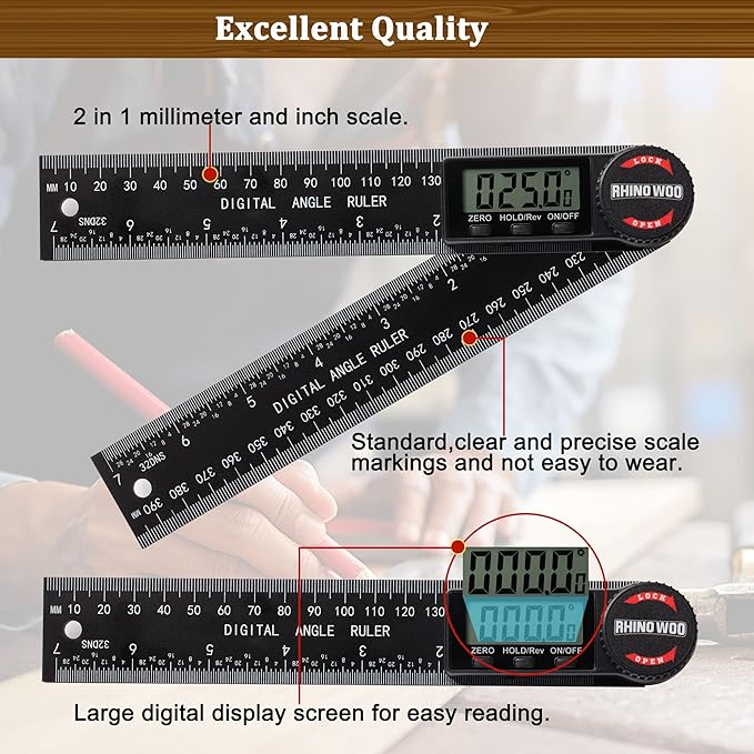 Digital Angle Finder Protractor, Angle Measuring Tool for Woodworking/Carpenter/Construction/Handmade Measurement，Angle Finder Ruler with 7inch/200mm(2 Batteries Included) (Enhanced ABS)