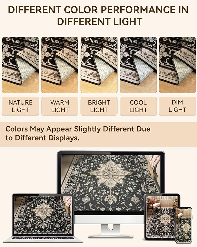 Area Rugs 2'x10' Washable Non-Slip, Floral Vintage Distress Print Pattern Medallion Carpet for Living Room Bedroom Dining Room, Black Brown Neutral Dark Tan