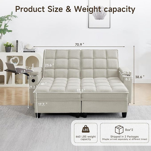 70.9" Chaise Lounge Chair Indoor, Oversized Boucle Upholstered Sofa Bed, Adjustable Backrest Deep Seat Reading Chair, Sofas Couches for Living Room with Storage, Cup Holders & 360° Swivel Side Table