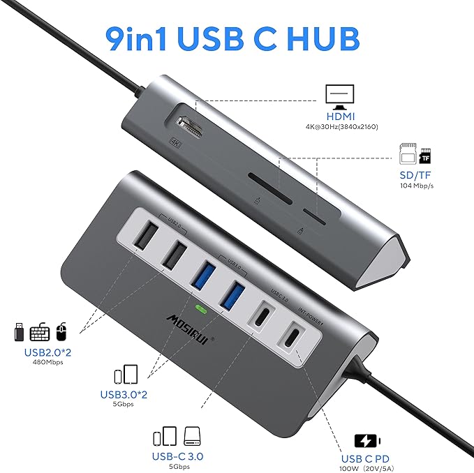 USB C Hub Multiport Adapter,Mosirui 9-in-1 USB-C Docking Station with 4K HDMI,5Gbps Type C 3.0,USB-A3.0/2.0,100W PD, SD/TF for MacBook/Pro iPad/Dell/HP/Desktop/Laptops(1.64 FT)