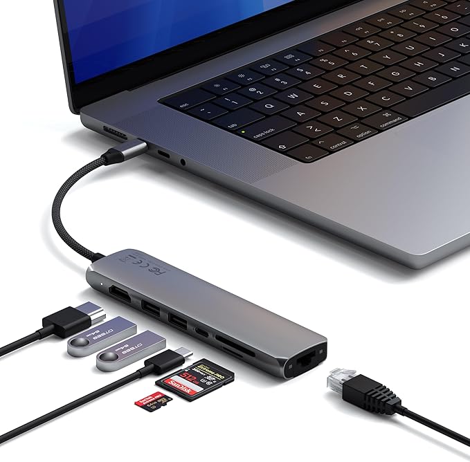 Satechi 7 in 1 USB C Hub Multiport Adapter with Ethernet, HDMI 4K@60Hz, 100W PD Charging, 2X USB-A Data Ports, Micro/SD Card Readers for MacBook Air/Pro M5/M4, iPad, Windows - Space Gray