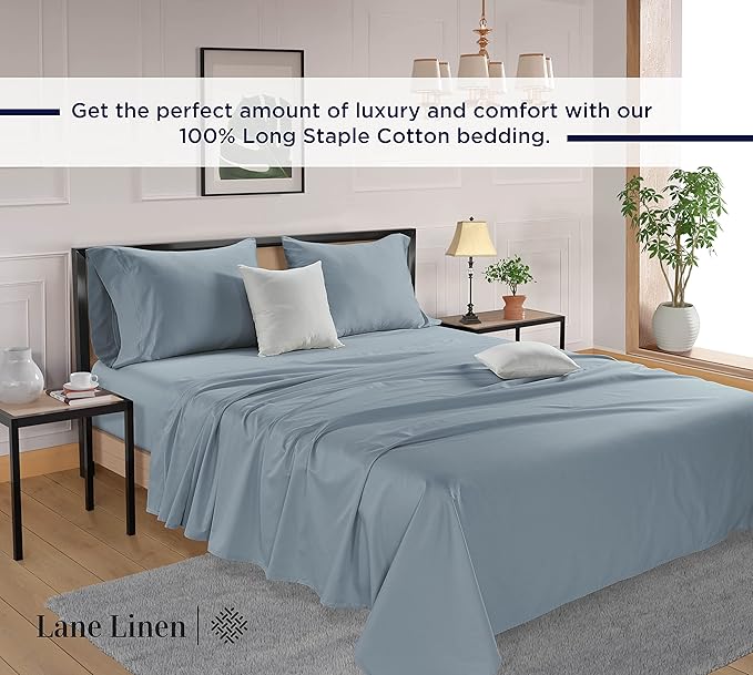 LANE LINEN 100% Cotton 600 Thread Count Twin Bed Sheets - Mercerized Cotton Fully Elasticized Sheets Twin Size, Ultra Soft & Comfy Sateen Weave Bedding Sheets & Pillowcases Sets - French Blue