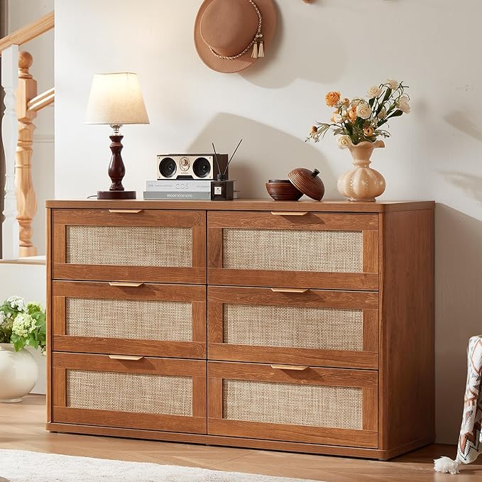 LEYAOYAO Rattan Dresser and Nightstand Set of 2, Boho Wood Dresser for Bedroom with 6 Drawers and Night Stand with Charging Station, Bedroom Furniture, Dressers & Chests of Drawers,Living Room,Hallway