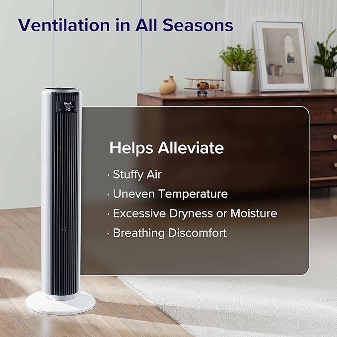 LEVOIT Tower Fan for Bedroom, 25ft/s Velocity Standing Fan with 28dB Quiet for Sleep, Remoter, 12H Timer, 5 Speeds, 4 Modes, 90° Oscillation for Home, Office, Indoor, Bladeless 36 inch, White