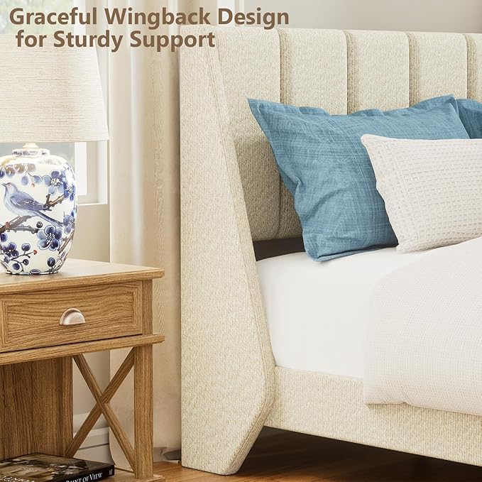 Brafab Full Boucle Upholstered Bed Frame with Wingback Headboard, No Box Spring Needed, Easy Assembly, Platform Bed with Wooden Slats, Beige