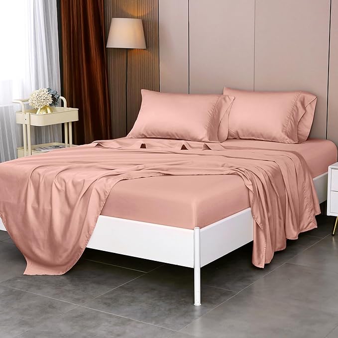 California King Sheets, Rayon Derived from Bamboo, Cooling Bed Sheets Set,Deep Pocket Up to 16", 4 Pieces Silky Soft, Breathable Bedding Sheets & Pillowcases(Pink,California King)