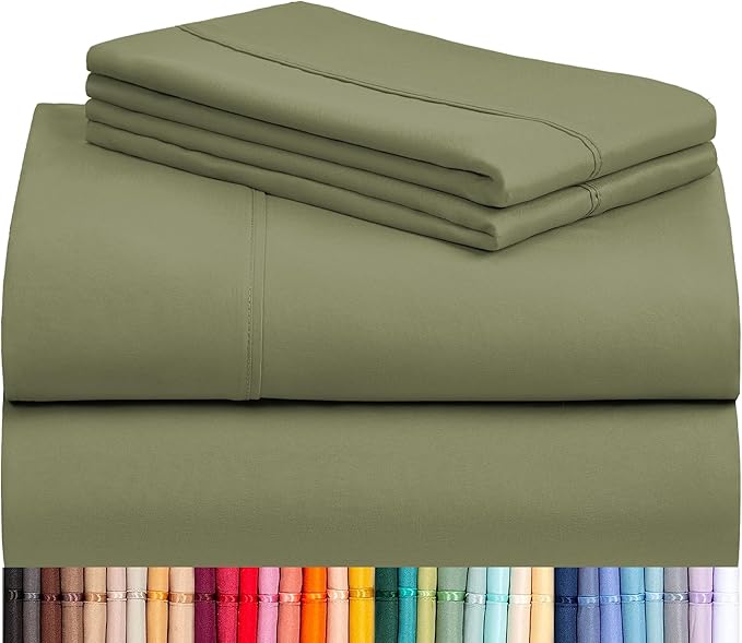 LuxClub 4 PC Full Sheet Set, Deep Pockets Wrinkle Free Cooling Bed Sheets Hotel Bedding for Women, Men, Kids & Teens, Includes 1 Fitted Sheet, 1 Flat Sheet and 2 Pillowcases-Soft Olive