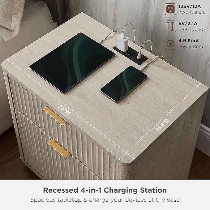 T4TREAM 23'' Fluted Nightstand Set of 2 with Charging Station, Large 2 Drawer Side Table, Modern End Table with Storage, Mid Century Bedside Table for Bedroom, Living Room, Curved Profile, White Alder