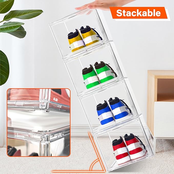 12 Pack Acrylic Shoe Organizer, Drop Front Shoe Boxes Fit US Size 13, Clear Stackable Hat Organizer Case for Closet, Entryway, Underbed, Multiple Display Cases for Hats, Figures, Sneakers
