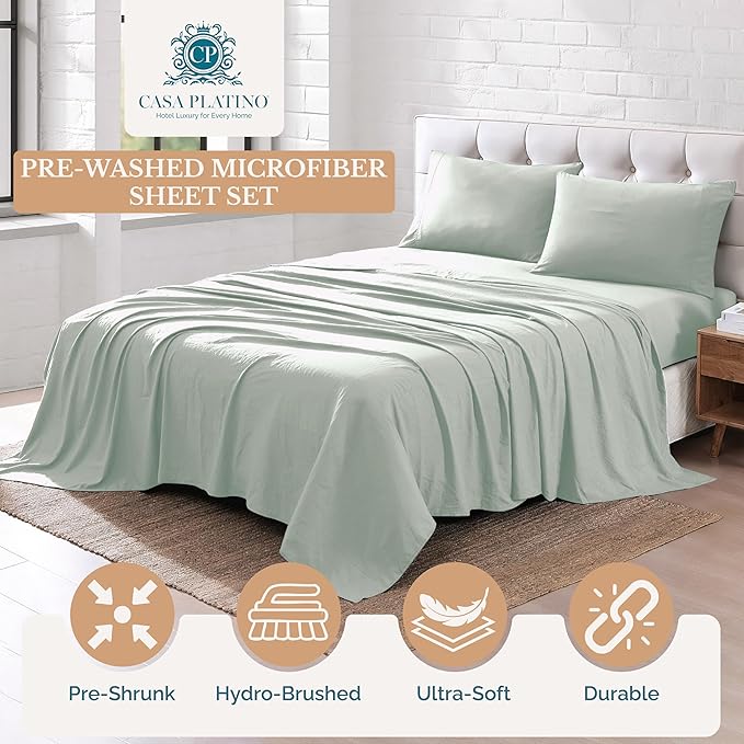 Casa Platino Queen Size Sheet Set, Pre-Washed Brushed Microfiber Bed Sheets, Ultra Soft & Smooth Sheets for Queen Bed, Deep Pocket Fitted Sheet Set, Lasting Quality, No Pill Fabric – Mineral