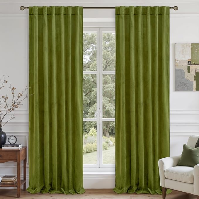 LAMIT Moss Green Velvet Curtains 108 Inch for Living Room, Vintage Thermal Insulated Blackout Panels Super Soft Back Tab and Rod Pocket Window Drapes for Bedroom, 2 Panels, 52 x 108 Inch
