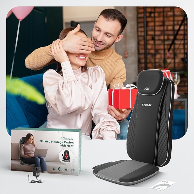 Snailax Christmas Gifts for Dad,Mom Shiatsu Back Massager with Heat & Vibration, 3D Kneading Massage Chair Pad for Pain Relief Deep Tissue, Chair Massager for Office Home Chair Use