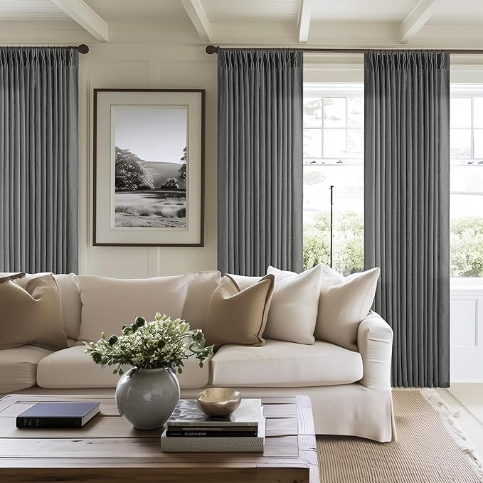 Dark Grey 80 Inch Pinch Pleated Linen Curtains 2 Panel Set for Living Room Thick Linen Drapes 80 Inches Long Pinch Pleat Drapes Semi Sheer Curtain for Dining Bedroom Office Charcoal Gray
