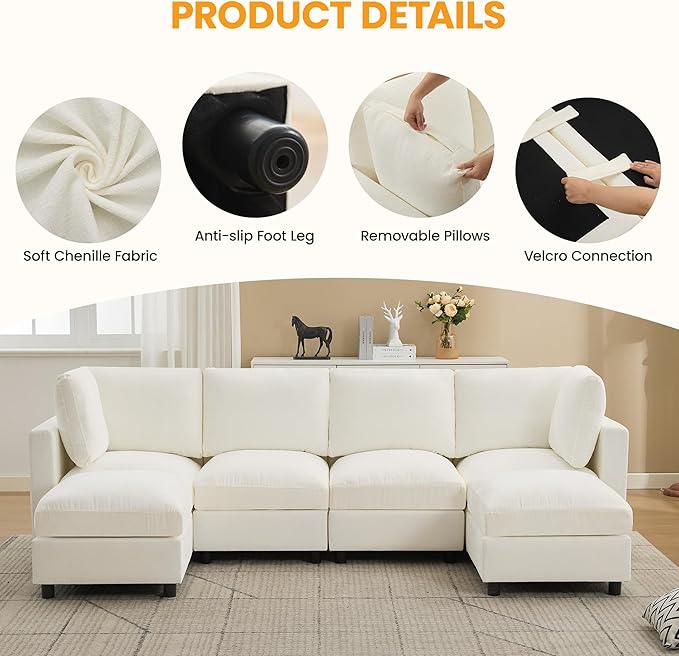 89'' 3-Seater Modular Sectional Cloud Sofa with Ottoman, L-Shaped Couch for Living Room, Modern Convertible Deep Seats Sofa, Chenille Beige
