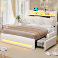 VIAGDO Queen Bed Frame with Storage Headboard and Charging Station, Boucle Upholstered Bed Frame Queen Size with 4 Drawers and LED Lights, Type C and USB, No Box Spring Needed, Cream White