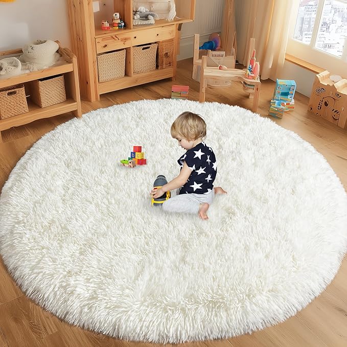 Round White Rug for Bedroom, 8 ft Circle Area Rugs for Living Room, Soft Large Fluffy Shag Carpet for Teen Girls Boys Nursery Room Dorm Home Decor Aesthetic