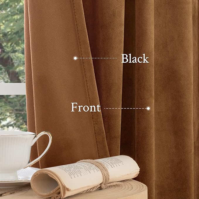 LAMIT Bronze Brown Velvet Curtains for Living Room 102 Inches Long, Mid Century Thermal Blackout Curtains Room Darkening Back Tab and Rod Pocket Panels for French Country, 2 Panels, 52 x 102 Inch