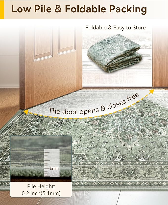 Area Rugs 6'x9' Washable Non-Slip, Floral Vintage Distress Print Pattern Medallion Carpet for Living Room Bedroom Dining Room, Dark Green Gray