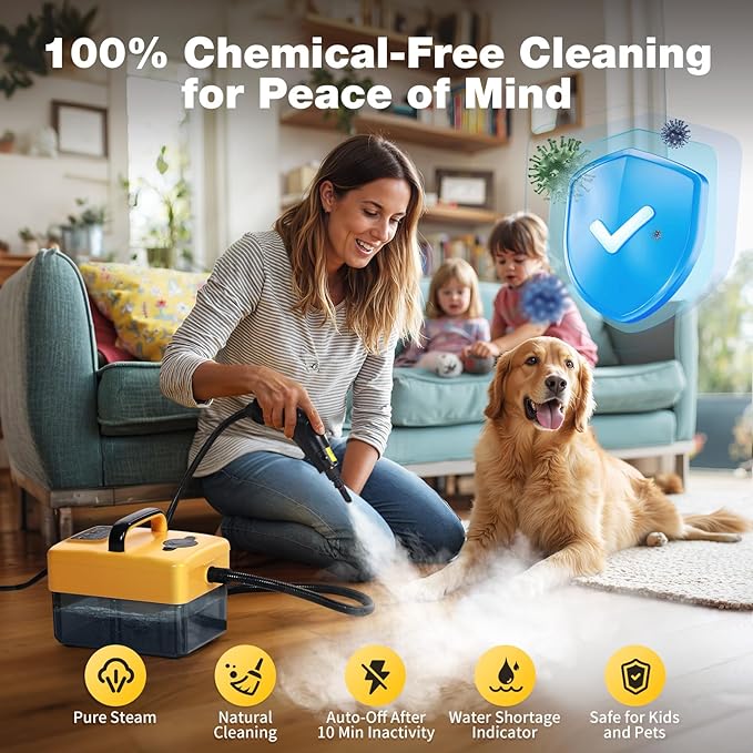 Handheld Steam Cleaner for Home, 6-Level Adjustable, 15s Heat-Up, One Touch Flush Mode, 3.5 Bar High Pressure, Auto Shut-Off, 1500W Portable Steamer for Carpets Floor Car Furniture Couch Tile